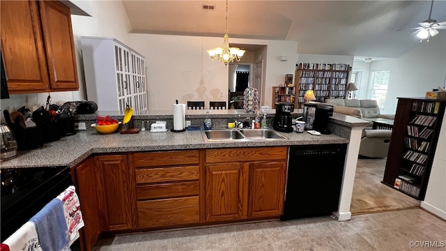 7211 Norwood Pond Ct, Midlothian, VA 23112 - kitchen with black dishwasher, a sink, brown cabinetry, open floor plan, and a chandelier
