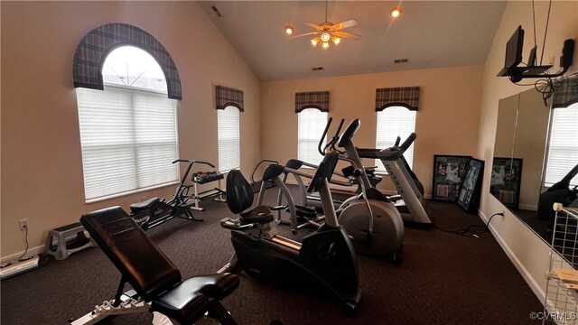 7211 Norwood Pond Ct, Midlothian, VA 23112 - exercise room featuring baseboards, high vaulted ceiling, and a ceiling fan