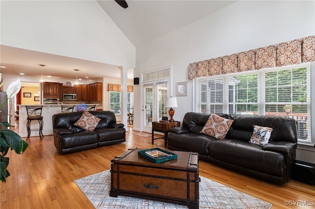 16748 Kipper Turn, Chesterfield, VA 23120 - living area with high vaulted ceiling, decorative columns, light wood-style floors, and plenty of natural light