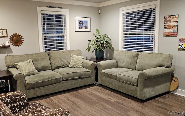 living area with wood finished floors, ornamental molding, and baseboards