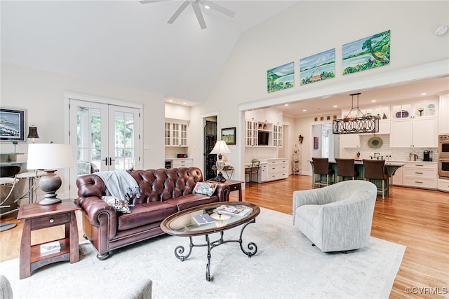 8 Nomas Ln, Henrico, VA 23238 - living room featuring high vaulted ceiling, a ceiling fan, french doors, light wood-style floors, and recessed lighting