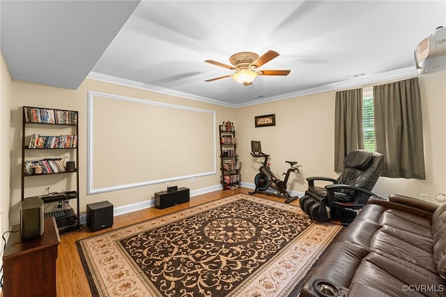 5541 Cedar Ln, Amelia Courthouse, VA 23002 - home theater featuring wood finished floors, ceiling fan, crown molding, and baseboards