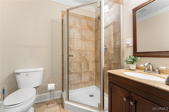 5541 Cedar Ln, Amelia Courthouse, VA 23002 - bathroom with ornamental molding, a stall shower, toilet, vanity, and tile patterned floors