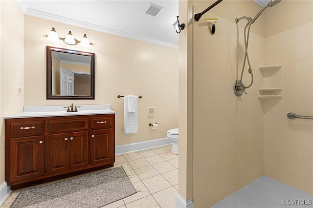 5541 Cedar Ln, Amelia Courthouse, VA 23002 - bathroom featuring ornamental molding, a shower, vanity, toilet, and baseboards