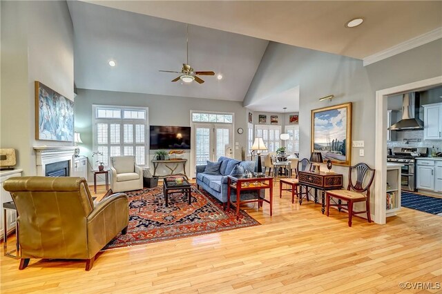 645 Farnham Cir, North Chesterfield, VA 23236 - living area with light wood-type flooring, ceiling fan, a fireplace, lofted ceiling, and recessed lighting