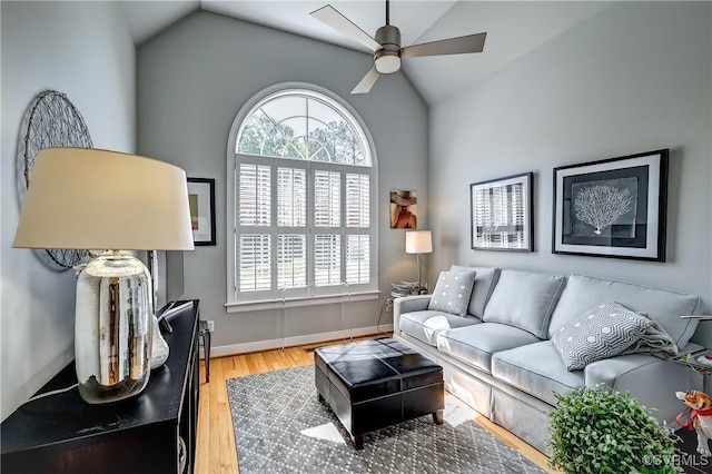 645 Farnham Cir, North Chesterfield, VA 23236 - living area featuring ceiling fan, lofted ceiling, light wood-type flooring, and baseboards