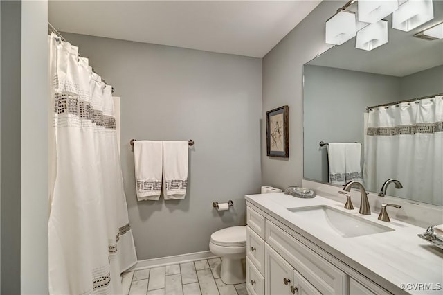 645 Farnham Cir, North Chesterfield, VA 23236 - bathroom with baseboards, toilet, marble look tile flooring, vanity, and a shower with shower curtain