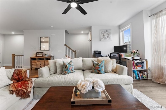 526 Greybull Walk Unit B, Henrico, VA 23233 - living room with a ceiling fan, wood finished floors, recessed lighting, and stairway