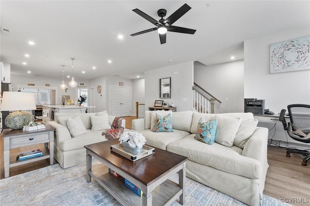 526 Greybull Walk Unit B, Henrico, VA 23233 - living area featuring recessed lighting, a desk, a ceiling fan, light wood finished floors, and stairs