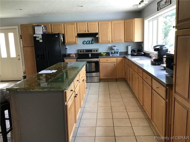 2577 Red Bank Rd, Ark, VA 23061 - kitchen featuring electric range, under cabinet range hood, black refrigerator with ice dispenser, light tile patterned flooring, and light brown cabinets