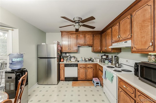 2707 Quisenberry St, Midlothian, VA 23112 - kitchen with freestanding refrigerator, dishwasher, electric stove, under cabinet range hood, and brown cabinetry