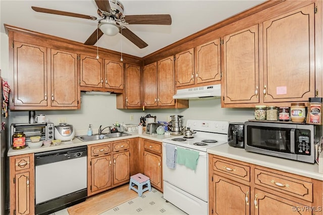 2707 Quisenberry St, Midlothian, VA 23112 - kitchen with white appliances, under cabinet range hood, a sink, ceiling fan, and brown cabinetry