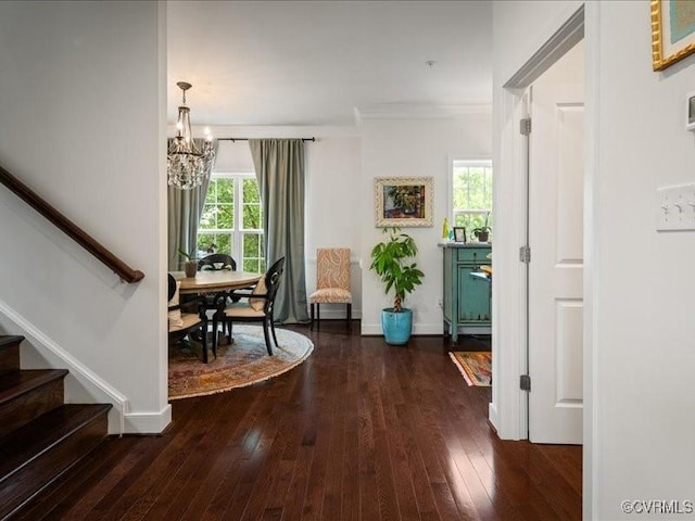 5435 Libbie Mill W Blvd, Henrico, VA 23230 - entryway with a chandelier, stairs, dark wood-type flooring, baseboards, and crown molding