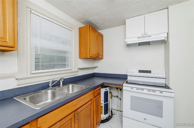 908 Rosemont Rd, Richmond, VA 23224 - kitchen featuring white electric range, under cabinet range hood, dark countertops, a textured ceiling, and brown cabinets