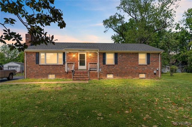 2004 Springdale Rd, Henrico, VA 23222 - ranch-style home with a lawn, brick siding, a chimney, and a shingled roof