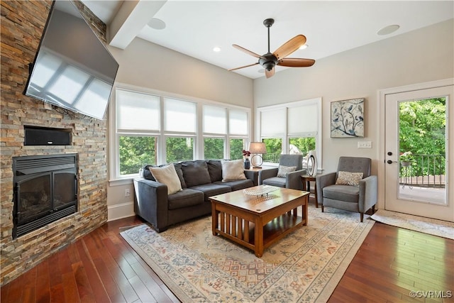 816 Riverside Park, Richmond, VA 23220 - living area featuring a fireplace, wood-type flooring, a ceiling fan, and baseboards