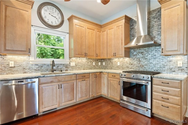 816 Riverside Park, Richmond, VA 23220 - kitchen featuring light brown cabinetry, stainless steel appliances, a sink, and wall chimney exhaust hood