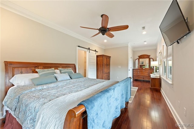 816 Riverside Park, Richmond, VA 23220 - bedroom featuring a barn door, dark wood-style flooring, baseboards, ornamental molding, and recessed lighting