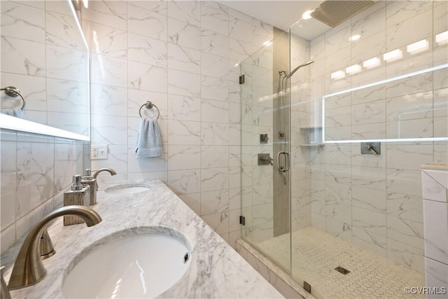 816 Riverside Park, Richmond, VA 23220 - bathroom with a shower stall, tile walls, and double vanity