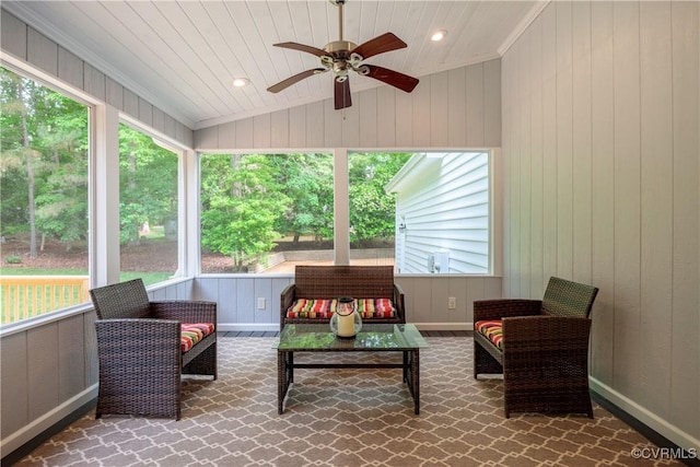 10910 Lesser Scaup Lndg, Chesterfield, VA 23838 - sunroom with an outdoor living space, vaulted ceiling, ceiling fan, and healthy amount of natural light