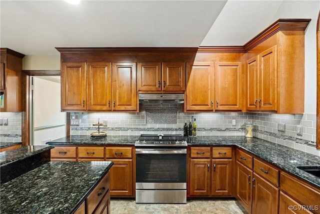 10910 Lesser Scaup Lndg, Chesterfield, VA 23838 - kitchen featuring stainless steel electric range, under cabinet range hood, decorative backsplash, and brown cabinets