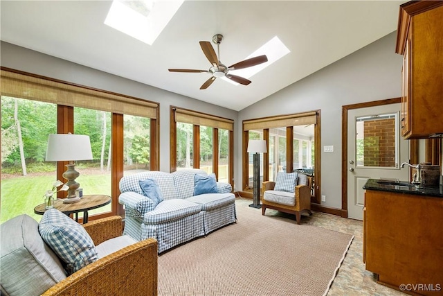 10910 Lesser Scaup Lndg, Chesterfield, VA 23838 - living room with a skylight, lofted ceiling, and a ceiling fan
