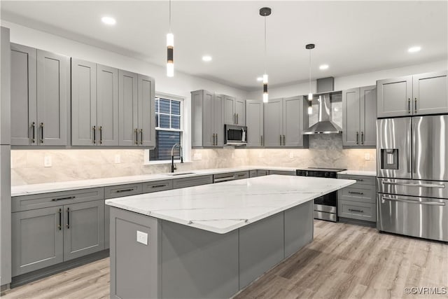 2809 Bethlehem Rd, Henrico, VA 23228 - kitchen featuring appliances with stainless steel finishes, wall chimney range hood, gray cabinets, a sink, and a center island