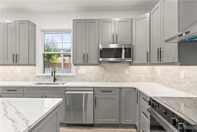 2809 Bethlehem Rd, Henrico, VA 23228 - kitchen with appliances with stainless steel finishes, a sink, gray cabinetry, light stone countertops, and backsplash