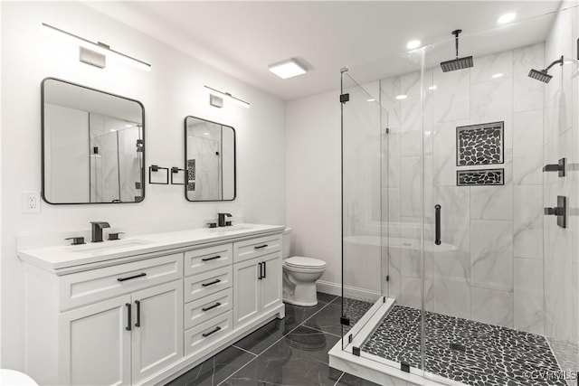 2809 Bethlehem Rd, Henrico, VA 23228 - full bathroom featuring double vanity, toilet, marble finish floors, and a stall shower