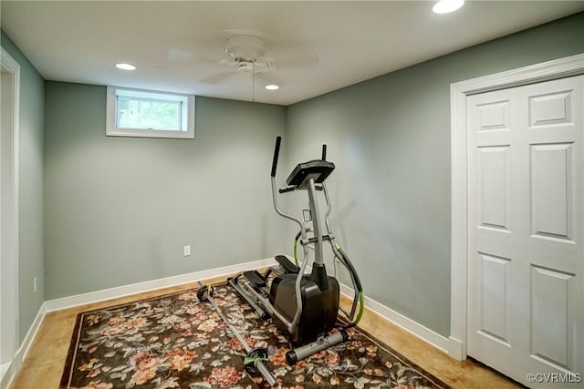 exercise area featuring baseboards, recessed lighting, and ceiling fan