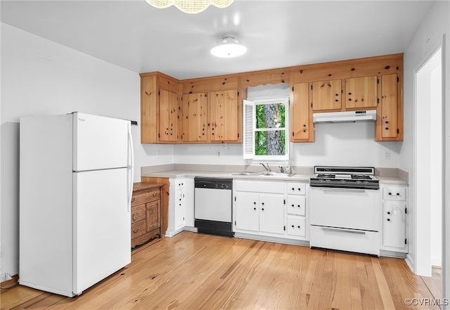 1013 Mill Forest Dr, Midlothian, VA 23113 - kitchen featuring white appliances, under cabinet range hood, a sink, light countertops, and light wood-style flooring