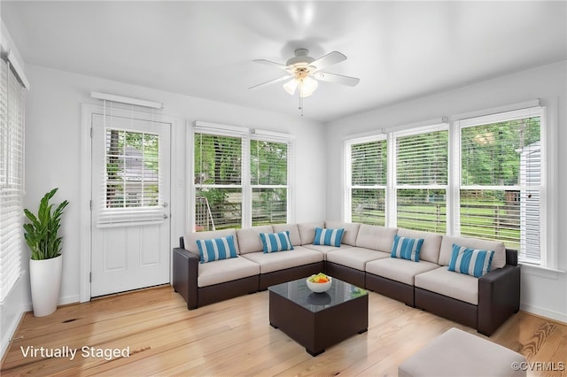 1013 Mill Forest Dr, Midlothian, VA 23113 - living room featuring ceiling fan, light wood-type flooring, and baseboards