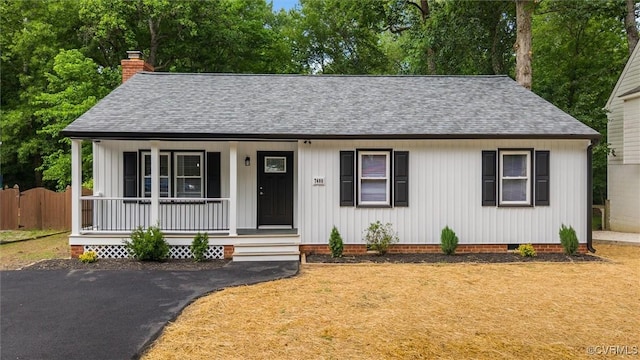 7408 Newbys Ct, Chesterfield, VA 23832 - view of front of house with a porch, a shingled roof, a chimney, and crawl space