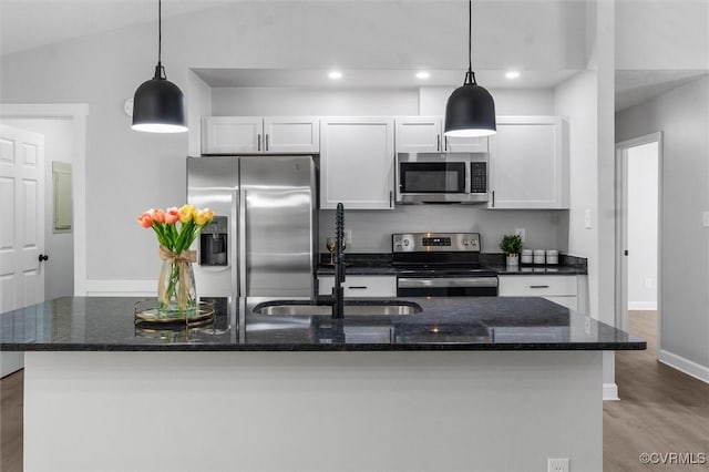 7408 Newbys Ct, Chesterfield, VA 23832 - kitchen featuring stainless steel appliances, a sink, white cabinetry, dark stone counters, and recessed lighting