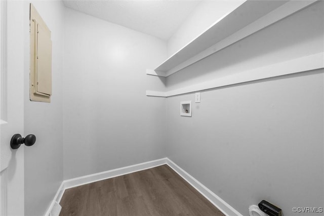 7408 Newbys Ct, Chesterfield, VA 23832 - washroom with washer hookup, dark wood-type flooring, baseboards, and electric panel