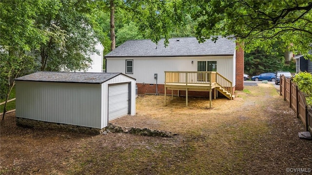 7408 Newbys Ct, Chesterfield, VA 23832 - back of property featuring a deck, fence, an outbuilding, stairs, and crawl space