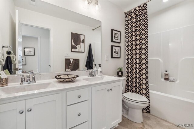 18736 Palisades Cove Trl, Moseley, VA 23120 - bathroom featuring toilet, double vanity, and shower / bath combination with curtain