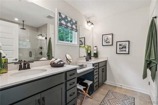 18740 Palisades Cove Trl, Moseley, VA 23120 - full bath featuring a shower stall, vanity, tile patterned flooring, and baseboards