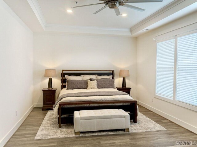 5112 Old Main St, Henrico, VA 23231 - bedroom featuring crown molding, a raised ceiling, multiple windows, wood finished floors, and recessed lighting