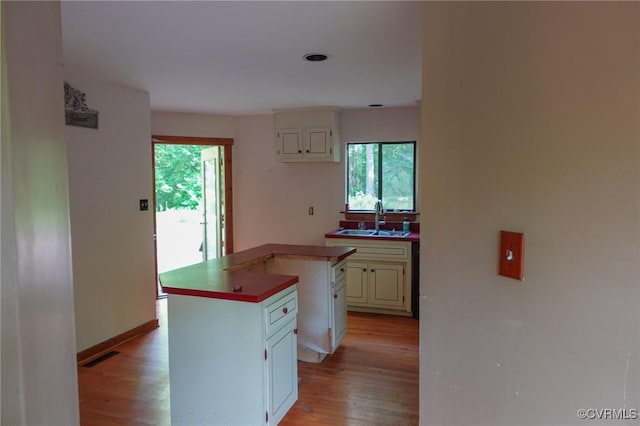kitchen with a sink, healthy amount of natural light, light wood-type flooring, and a kitchen island