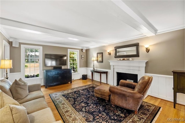 13951 Whitechapel Rd, Midlothian, VA 23113 - living area featuring a wainscoted wall, a fireplace, beam ceiling, wood finished floors, and ornamental molding