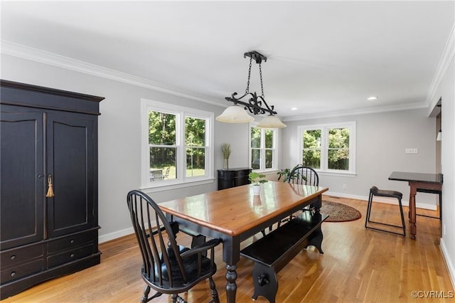13951 Whitechapel Rd, Midlothian, VA 23113 - dining area with baseboards, light wood-type flooring, ornamental molding, and recessed lighting
