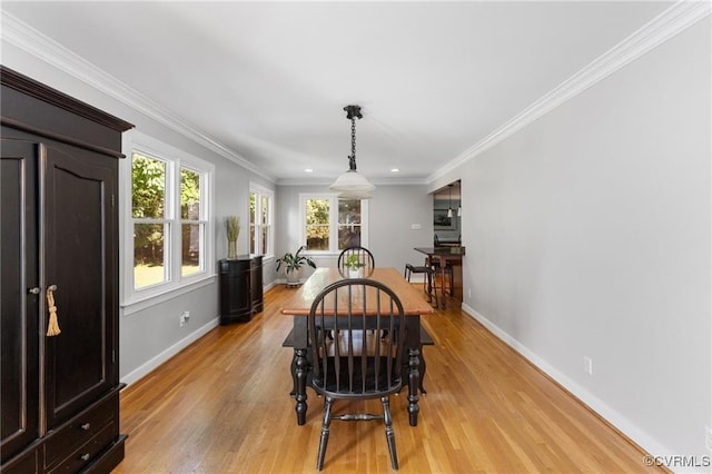 13951 Whitechapel Rd, Midlothian, VA 23113 - dining space featuring baseboards, light wood-style flooring, ornamental molding, and recessed lighting