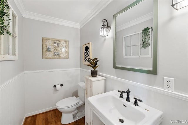 13951 Whitechapel Rd, Midlothian, VA 23113 - bathroom featuring a sink, toilet, wood finished floors, ornamental molding, and wainscoting