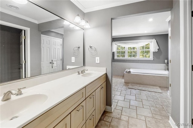 13951 Whitechapel Rd, Midlothian, VA 23113 - bathroom featuring stone tile flooring, ornamental molding, double vanity, and a bath