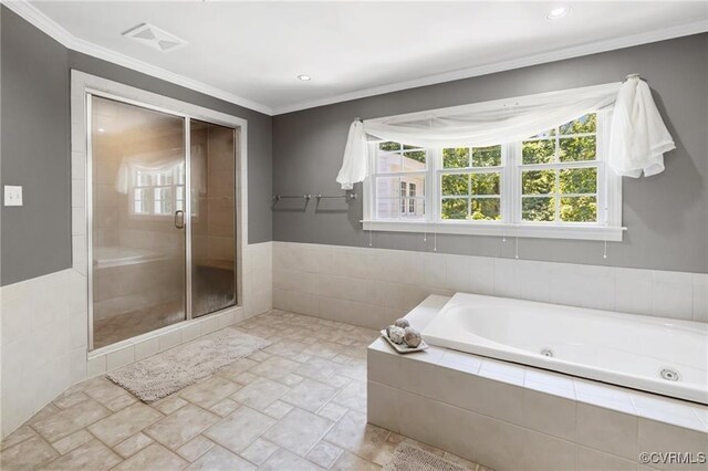 13951 Whitechapel Rd, Midlothian, VA 23113 - bathroom with a shower stall, a whirlpool tub, recessed lighting, and ornamental molding