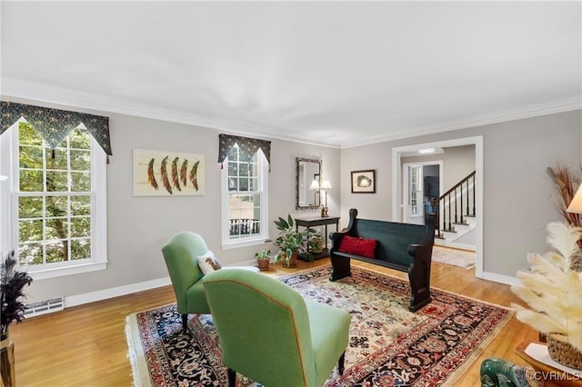 13951 Whitechapel Rd, Midlothian, VA 23113 - living room featuring wood finished floors, ornamental molding, stairs, and baseboards