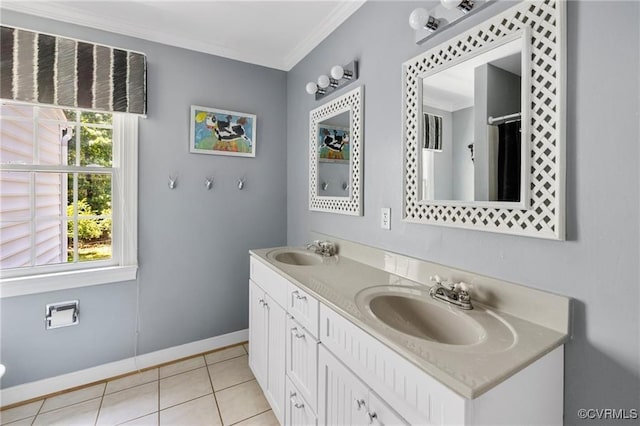 13951 Whitechapel Rd, Midlothian, VA 23113 - full bath featuring ornamental molding, tile patterned flooring, double vanity, and baseboards