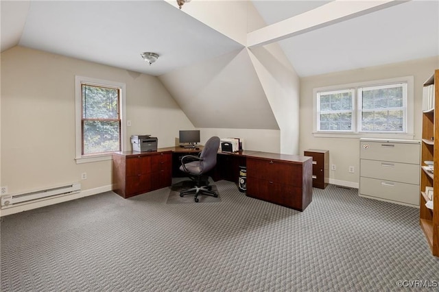 13951 Whitechapel Rd, Midlothian, VA 23113 - office area featuring a baseboard radiator, vaulted ceiling, healthy amount of natural light, baseboards, and carpet