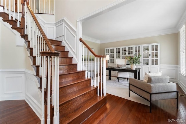 16400 Orchard Tavern Pl, Moseley, VA 23120 - stairway with a decorative wall, hardwood / wood-style floors, a wainscoted wall, and crown molding